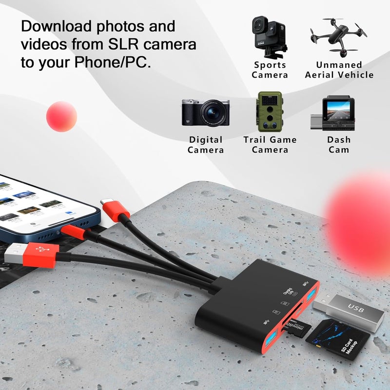 JOOPSHEE قارئ بطاقة الذاكرة 5 في 1، محول USB OTG وقارئ بطاقة SD لجهاز i-Phone/i-Pad، أجهزة USB C و USB A مع فتحات بطاقة Micro SD و SD، يدعم SD/Micro SD/SDHC/SDXC/MMC (أسود أحمر) - Image 2